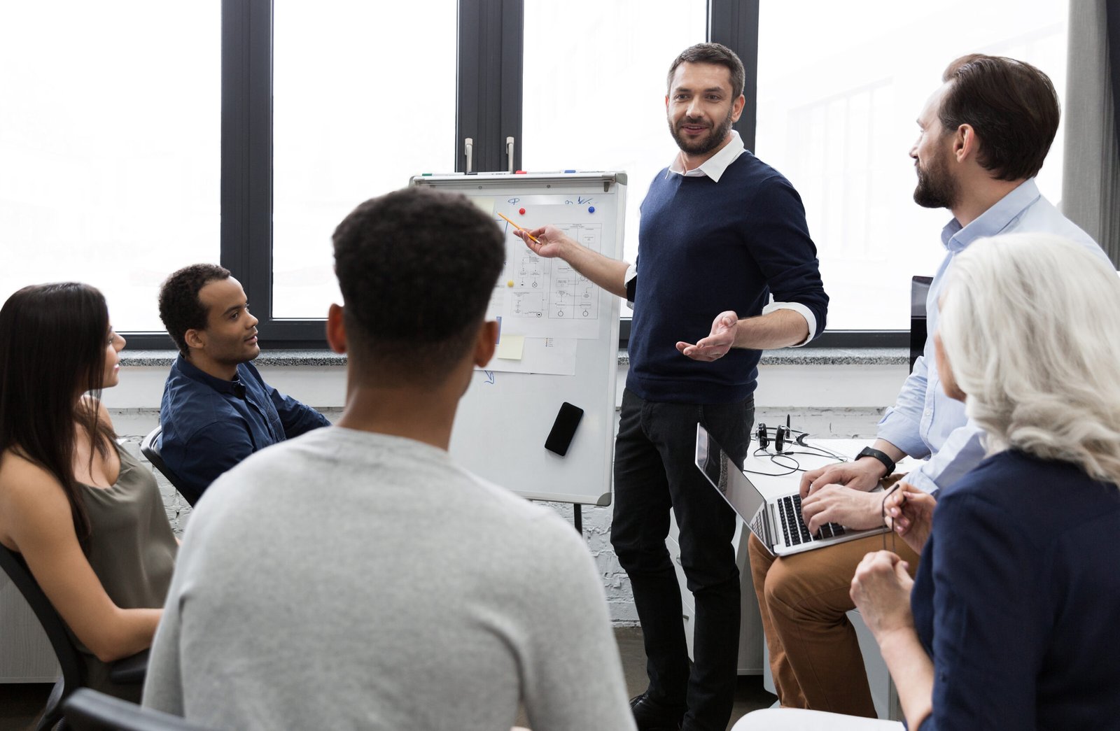 Business team discussing their ideas while working in office together